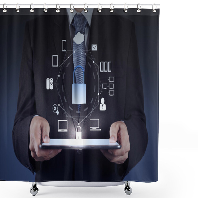 Personality  Businessman Hand Pointing To Padlock On Touch Screen Computer Shower Curtains