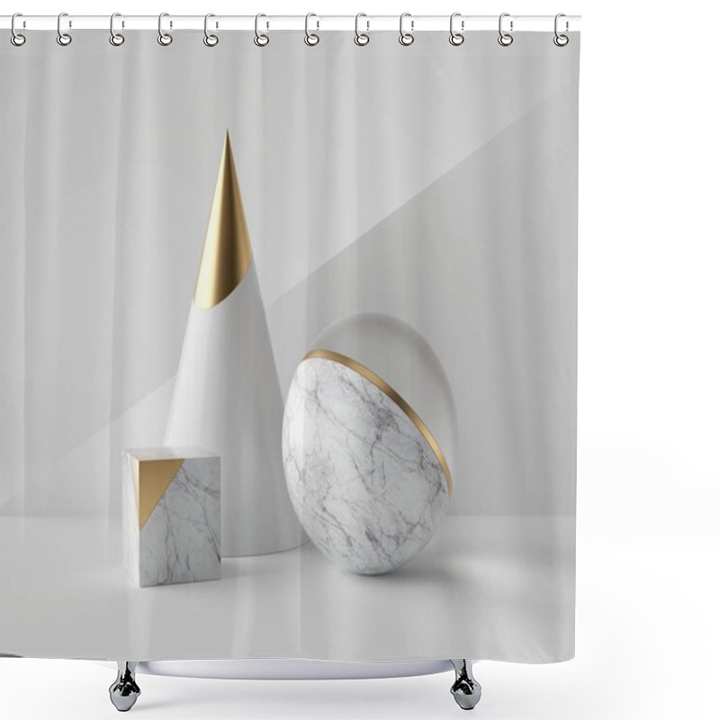 Personality  3d Abstract Primitive Shapes On White Background, Marble And Gold Cone Ball Cube, Clean Minimalist Design, Sophisticated Decor Elements, Modern Geometric Objects Shower Curtains