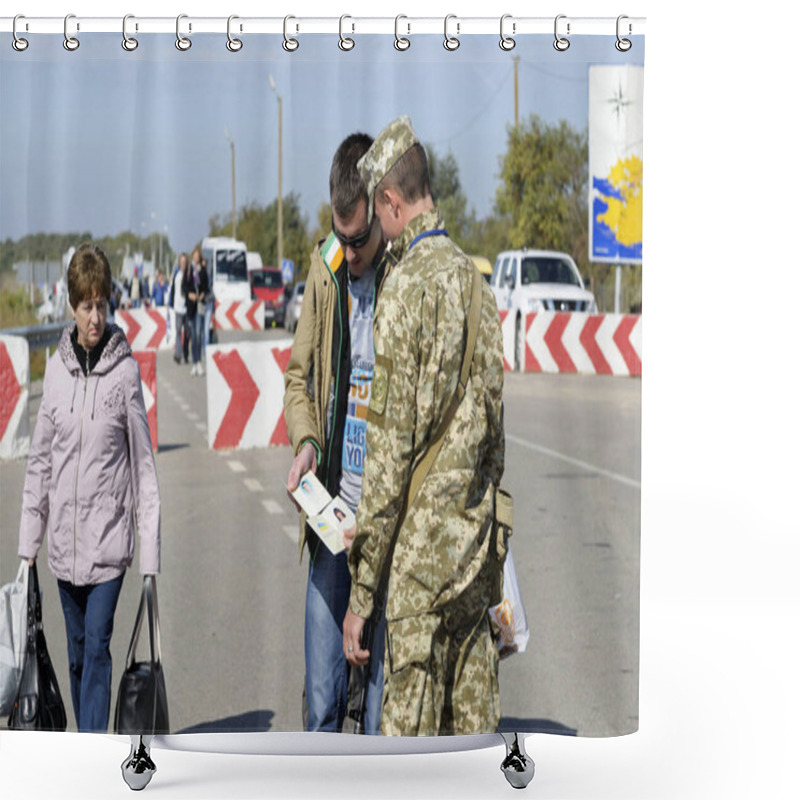 Personality  Border Guard Checking Passport Of Traveller At The Border Crossing Point Kalanchak, Ukrainian-Russian Land Border. September 20, 2017. Kalanchak Region, Khersonskaya Oblast, Ukraine Shower Curtains