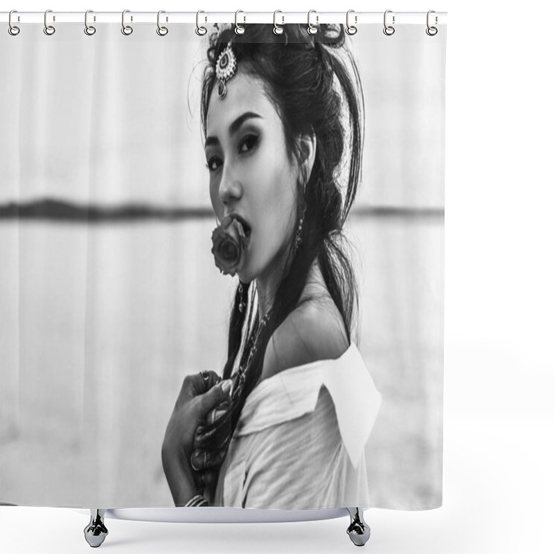 Personality  Oriental Stylish Boho Girl Holding Flower In Mouth On The Beach At Sunset. Black And White Portrait Shower Curtains