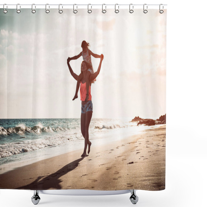 Personality  Mother And Daughter Running Together Along The Seashore On The Beach - Happy Family Piggyback At Sunset - Parenthood, Childhood, Love And Happiness Concept Shower Curtains