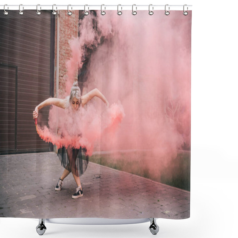 Personality  Attractive Young Female Dancer Dancing In Pink Smoke On Street  Shower Curtains