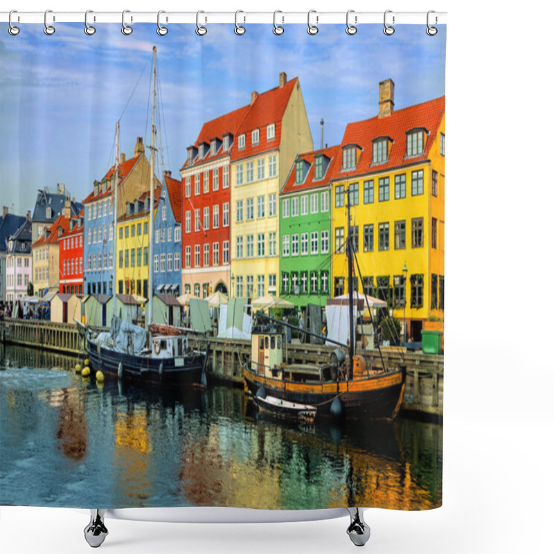 Personality  Colorful Waterfront Buildings And Ships Along The Historic Nyhavn Canal With Reflections, Copenhagen, Denmark Shower Curtains