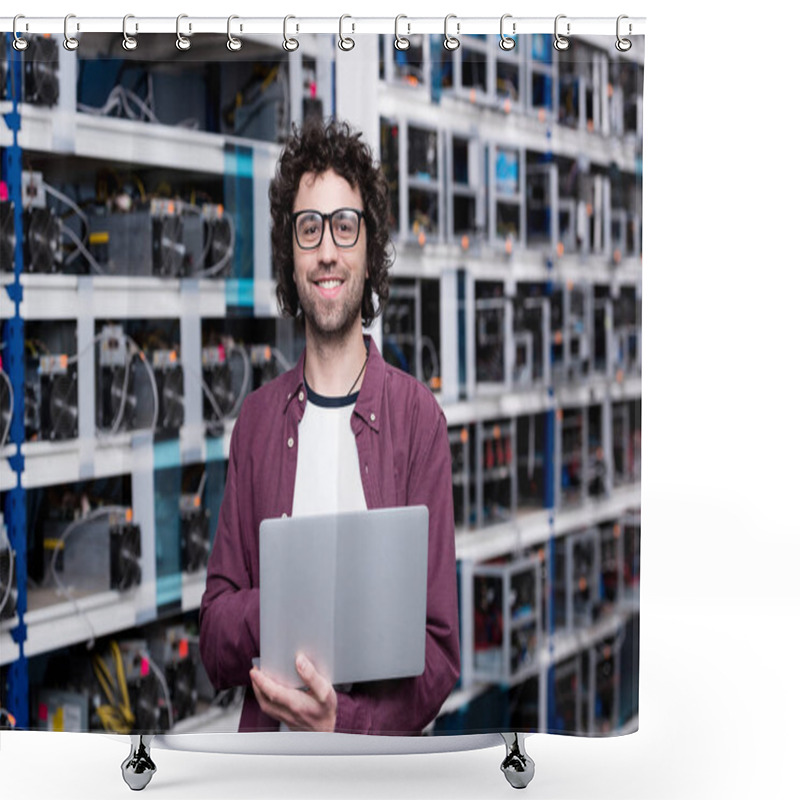 Personality  Young Computer Engineer With Laptop At Cryptocurrency Mining Farm Shower Curtains