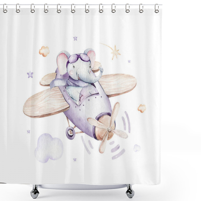 Personality  Watercolor Purple Illustration Of A Cute Elephant And Fancy Sky Scene Complete With Airplanes And Balloons, Clouds. Baby Boy And Girl Pattern. Baby Shower, Nursery Design. Shower Curtains