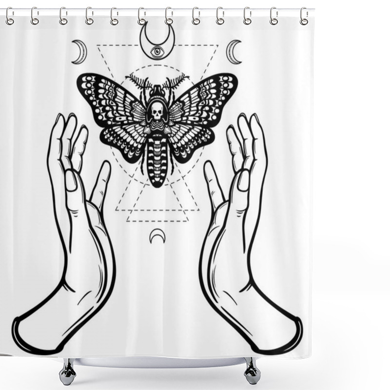 Personality  Human Hands Hold A Moth The Dead Head. Symbols Of The Moon. Mysticism, Esoteric, Sorcery. Sacred Geometry. Coloring Book. Vector Illustration Isolated On A White Background. Shower Curtains