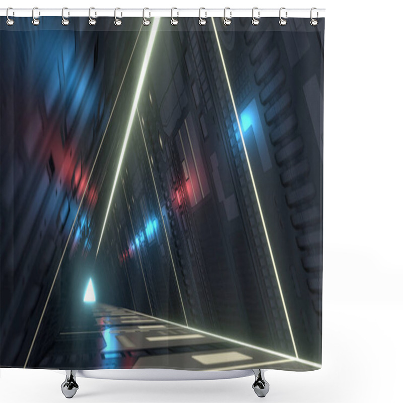 Personality  A 3D Rendering Of A Futuristic Corridor In Triangle Shape. You Are Into A Sci-fi Tunnel With Infra-red And Ultraviolet Light Beams On The Wall. A Sci-fi Image With Reflections And Straight Lines. Shower Curtains