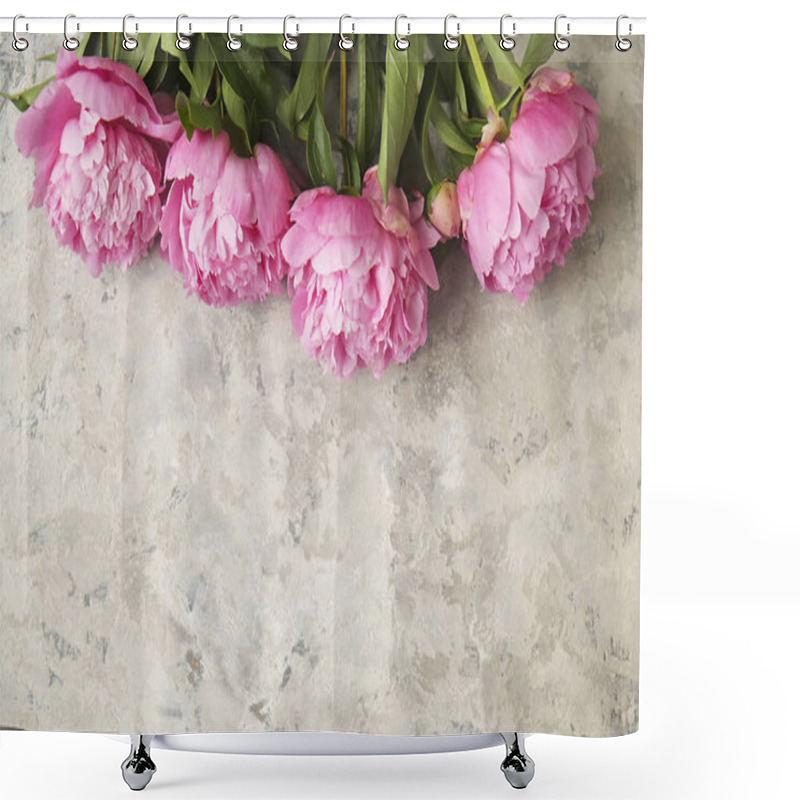 Personality  Composition With Beautiful Peony Flowers On Grey Textured Background Shower Curtains