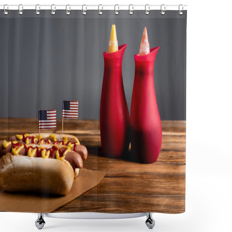 Personality  Souse Bottles Near Hot Dogs With Small American Flags On Wooden Table Isolated On Grey Shower Curtains