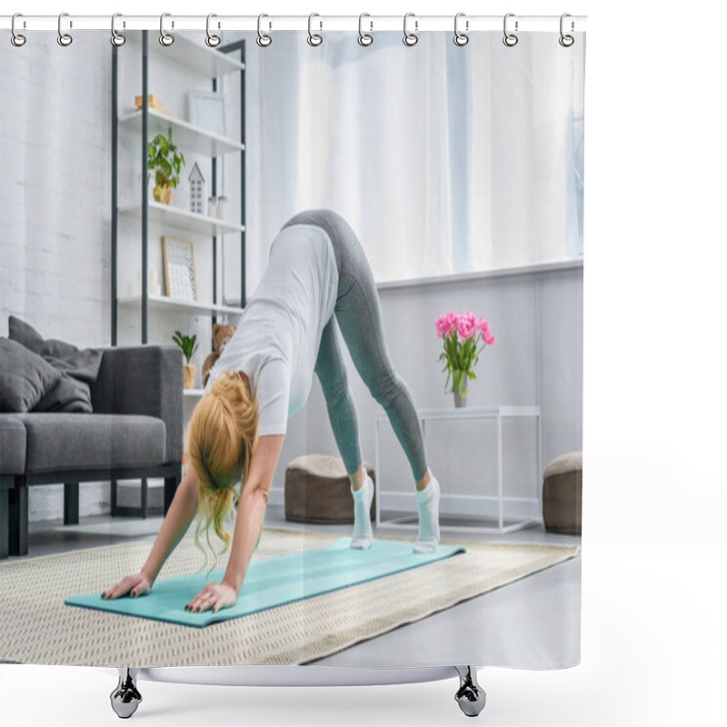 Personality  Woman In Downward Facing Dog Position On Yoga Mat Shower Curtains