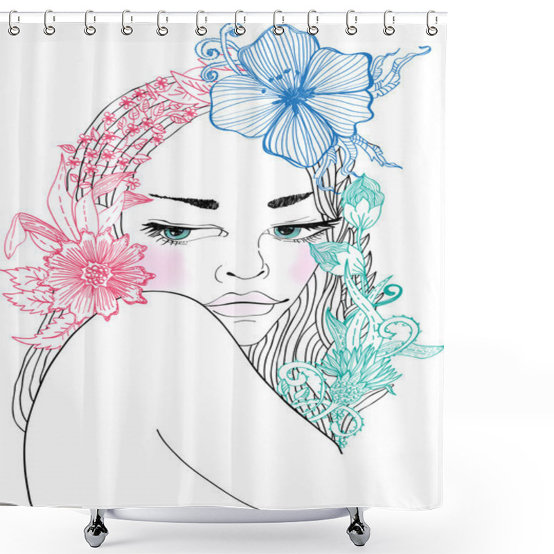 Personality  Hand Drawn Beautiful Woman With Flowers In Hair Shower Curtains