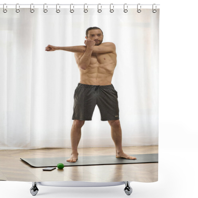 Personality  A Man Standing Gracefully On A Yoga Mat, Finding Balance And Peace At Home. Shower Curtains