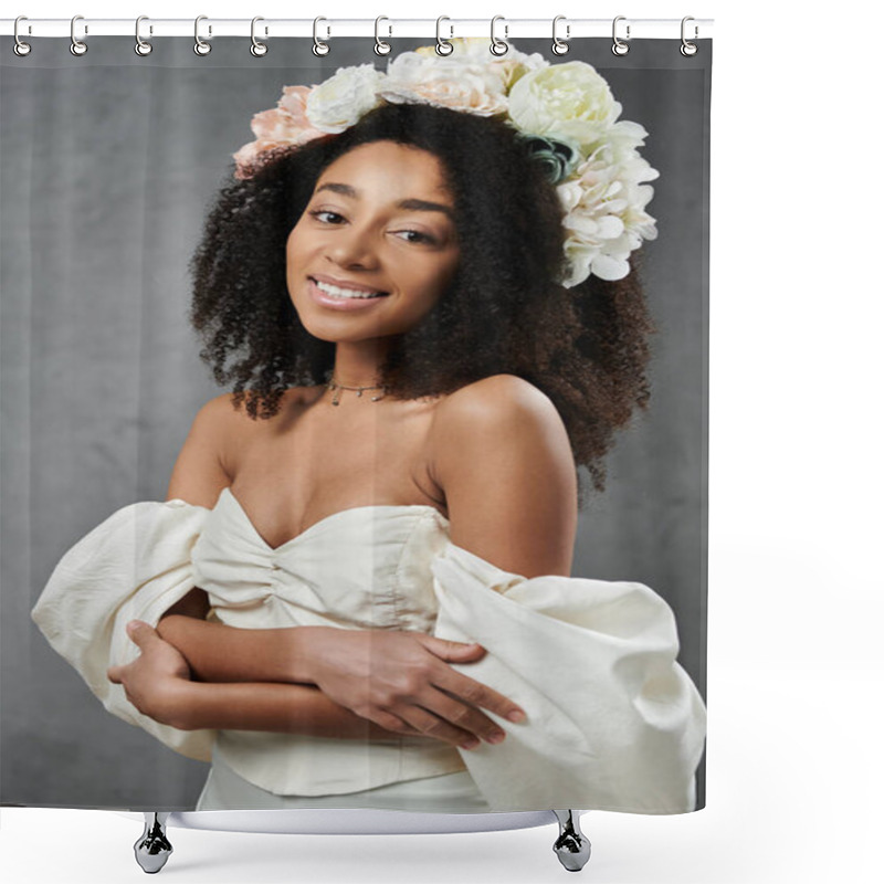 Personality  A Beautiful African American Bride Wears A White Wedding Dress And A Flower Crown. Shower Curtains