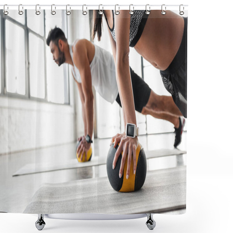 Personality  Cropped Shot Of Young Sportive Couple Exercising With Medicine Balls On Yoga Mats Shower Curtains