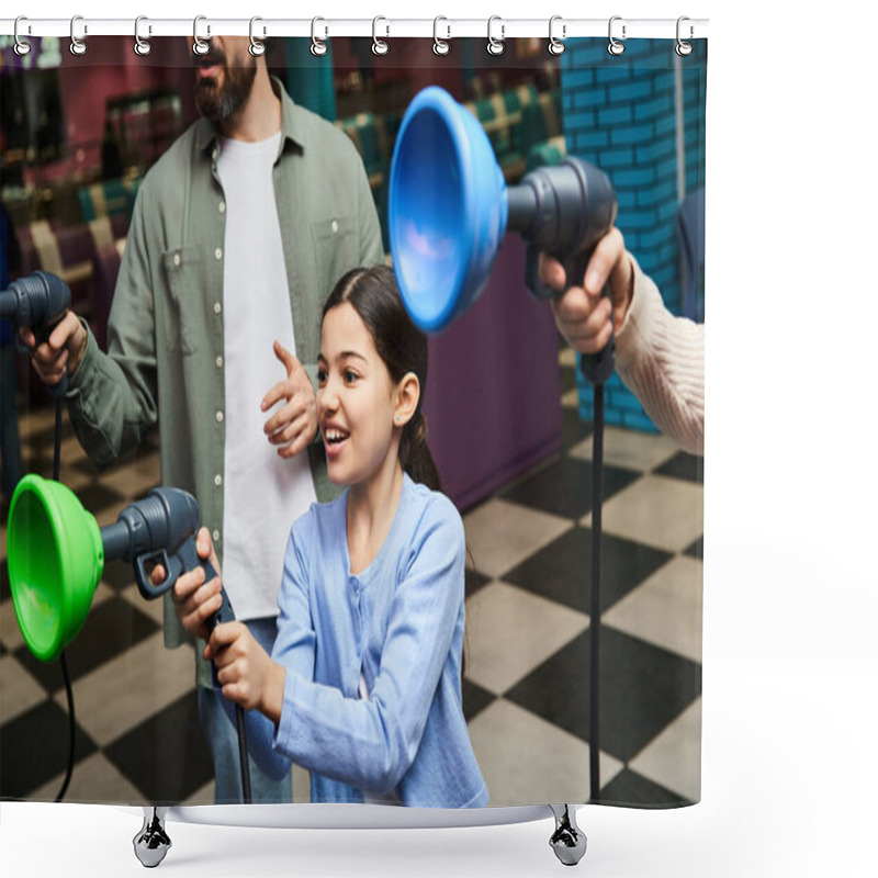 Personality  A Joyful Family Plays Games Together In The Lively Gaming Area Of A Bowling Alley During A Weekend Outing. Shower Curtains