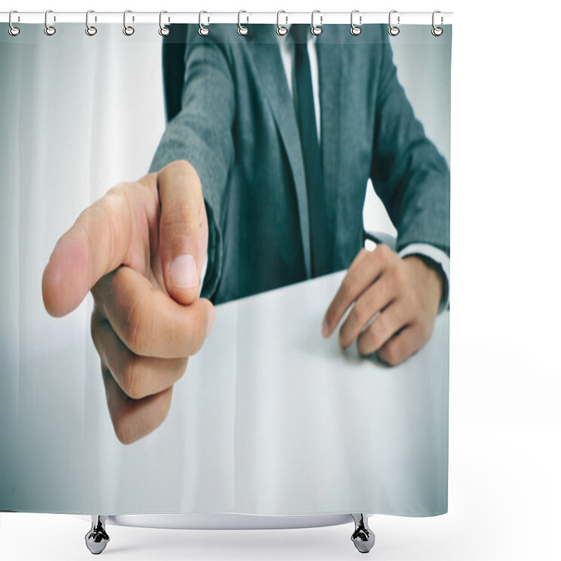 Personality  Man In Suit Pointing With The Finger The Way Out Shower Curtains