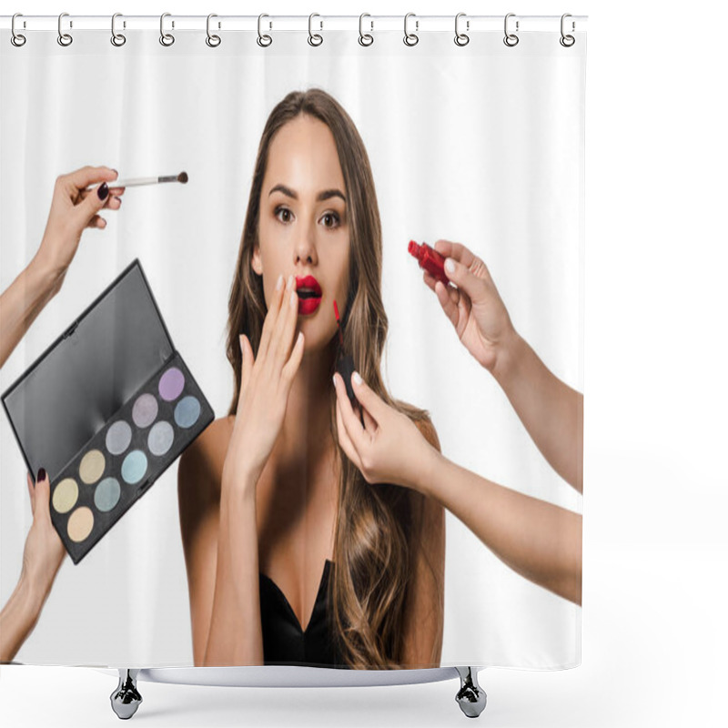 Personality  Cropped View Of Women Holding Liquid Lipstick, Cosmetic Brush And Palettes With Eyeshadows And Surprised Girl Isolated On White Shower Curtains