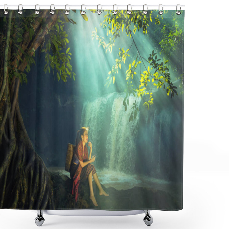 Personality  Asian Woman At The Waterfall, Thailand Shower Curtains