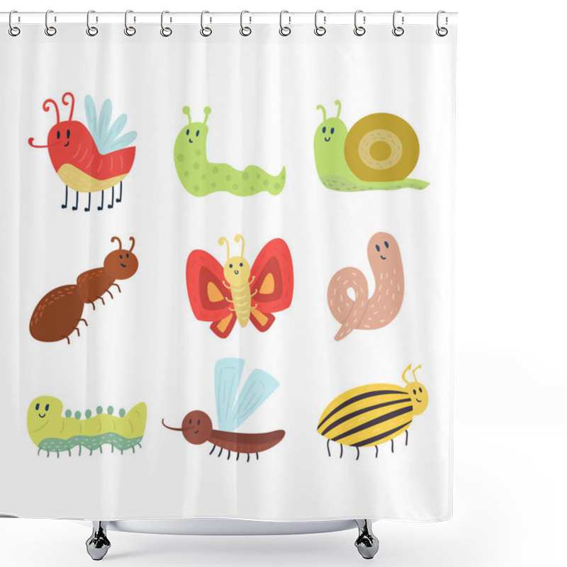 Personality  Colorful Insects Icons Isolated Wildlife Wing Detail Summer Worm Caterpillar Bugs Wild Vector Illustration. Shower Curtains