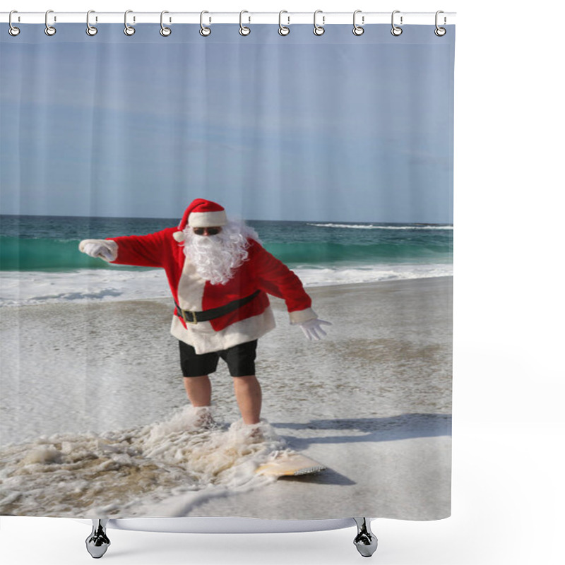 Personality  Surfing Santa Claus. Christmas. Christmas Vacation. Surfing Santa. Surf Board. Hang Ten. Santa Claus Rides The Waves While On Vacation. Santa Surfs Before Christmas Eve. Santa Claus And Surf Board. Santa Claus Surfs On His Surf Board. Surfs Up. Shower Curtains