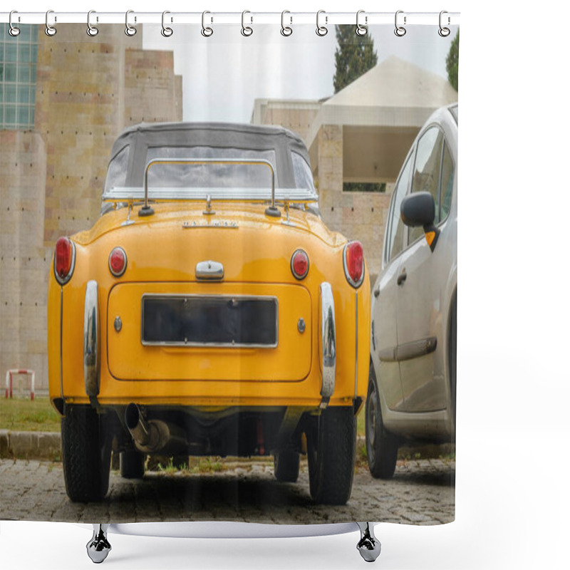 Personality  Lisbon, Portugal - Oct 15, 2023: Rear View Of Yellow Convertible Triumph TR3A Soft Top Drophead Car On A Driveway. Vintage Car With Rounded Headlights And Classic Styling, Triumph Motor Company Shower Curtains