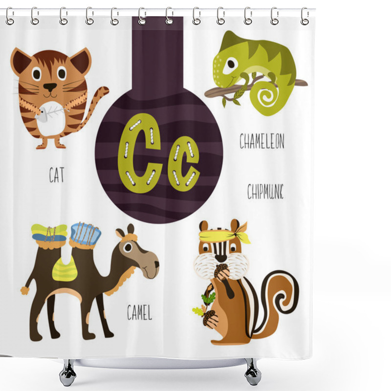 Personality  Fun Animal Letters Of The Alphabet For The Development And Learning Of Preschool Children. Set Of Cute Forest, Domestic And Marine Animals With The Letter C. Vector Illustration Shower Curtains