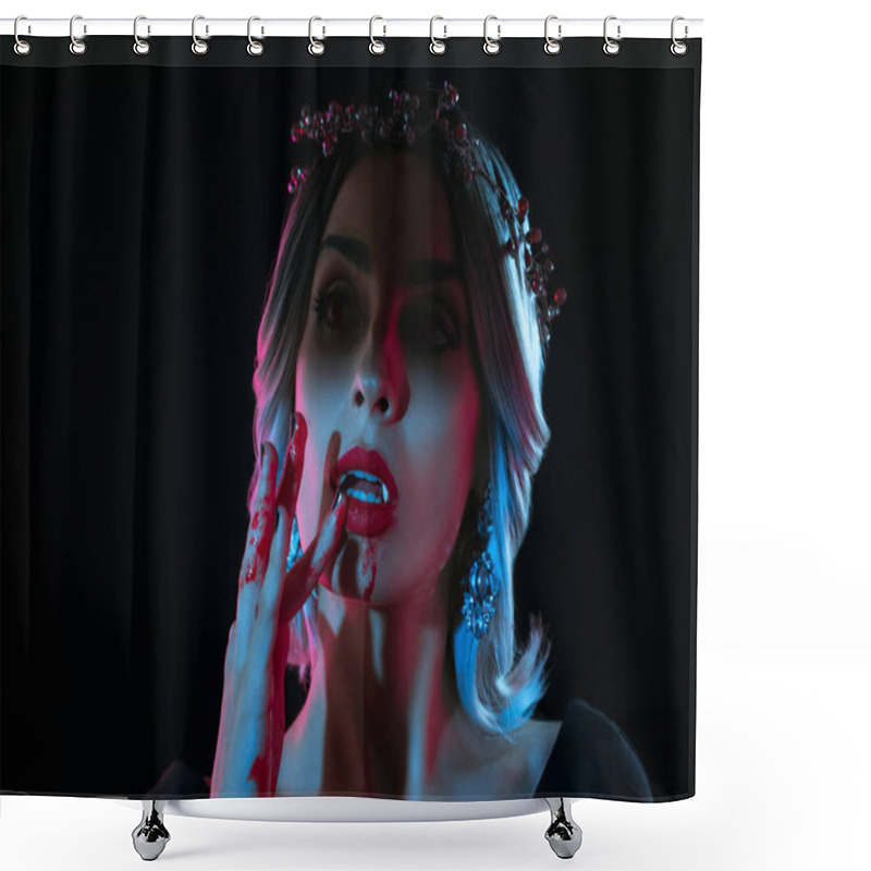 Personality  Sexy Vampire Woman Touching Her Lips Isolated On Black Shower Curtains