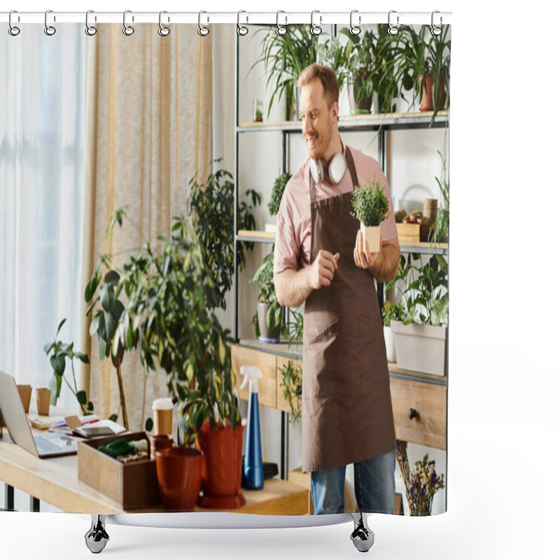 Personality  A Handsome Man In An Apron Proudly Holds A Potted Plant In A Plant Shop, Showcasing His Love For Greenery. Shower Curtains