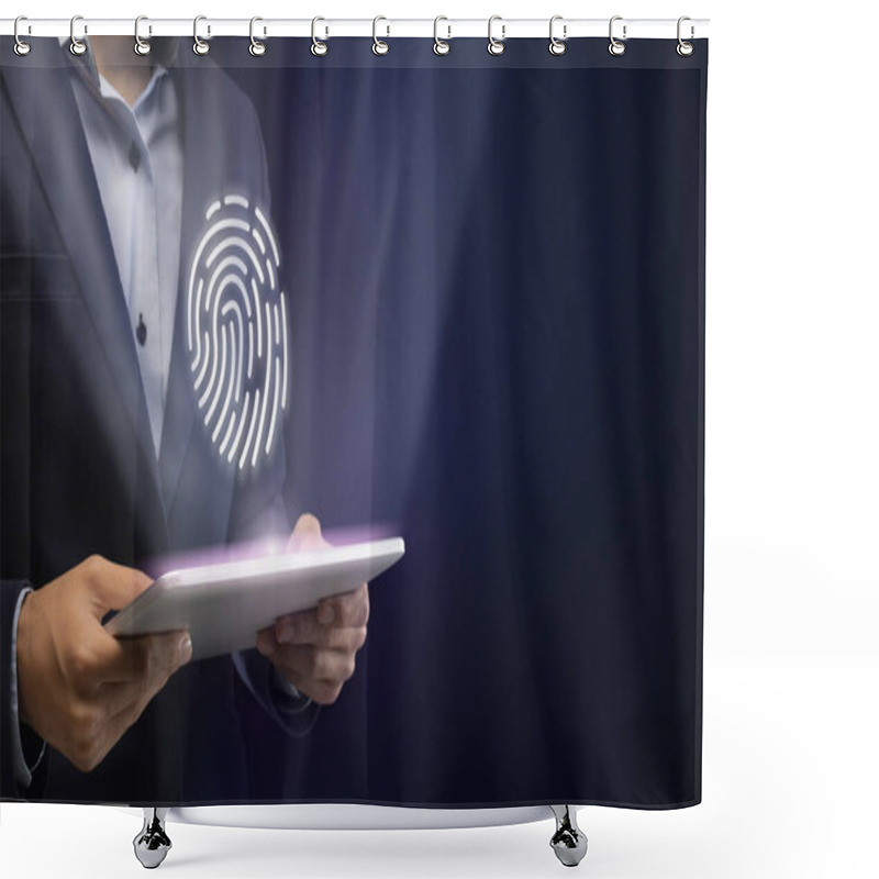 Personality  Businessman Holding Tablet With Fingerprint Scanner Over Blue Background, Cropped Shower Curtains