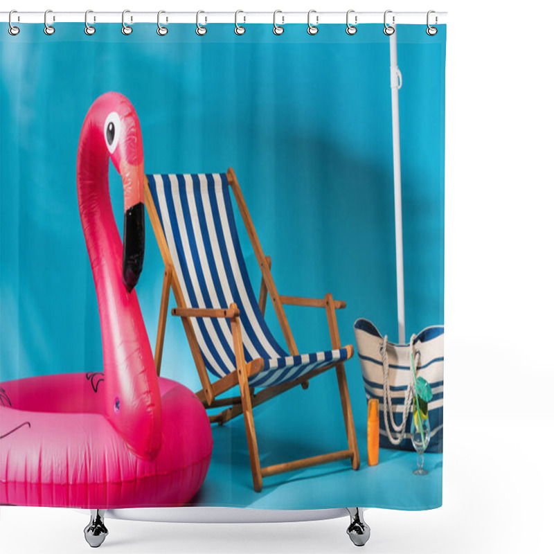 Personality  Striped Deck Chair Near Inflatable Flamingo, Sunscreen, Beach Bag And Cocktail On Blue Background Shower Curtains