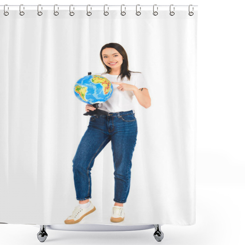 Personality  Cheerful Woman Pointing With Finger At Globe Isolated On White Shower Curtains