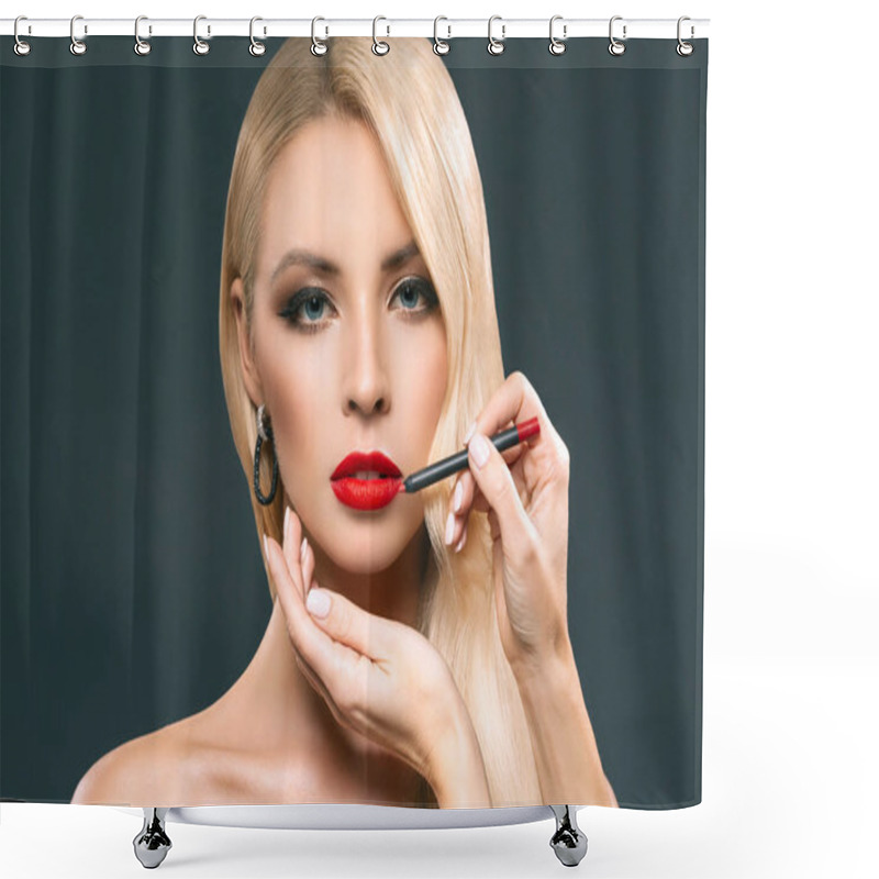 Personality  Beautiful Blonde Woman Making Red Lips With Cosmetic Pencil, Isolated On Grey Shower Curtains