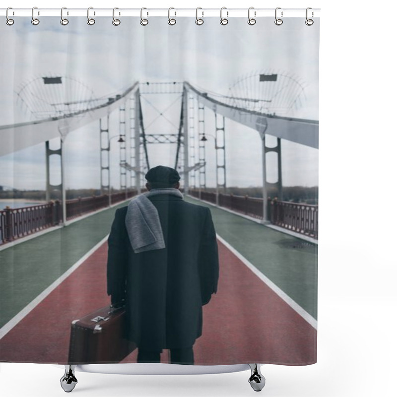 Personality  Back View Of Man With Suitcase Standing On Pedestrian Bridge Shower Curtains