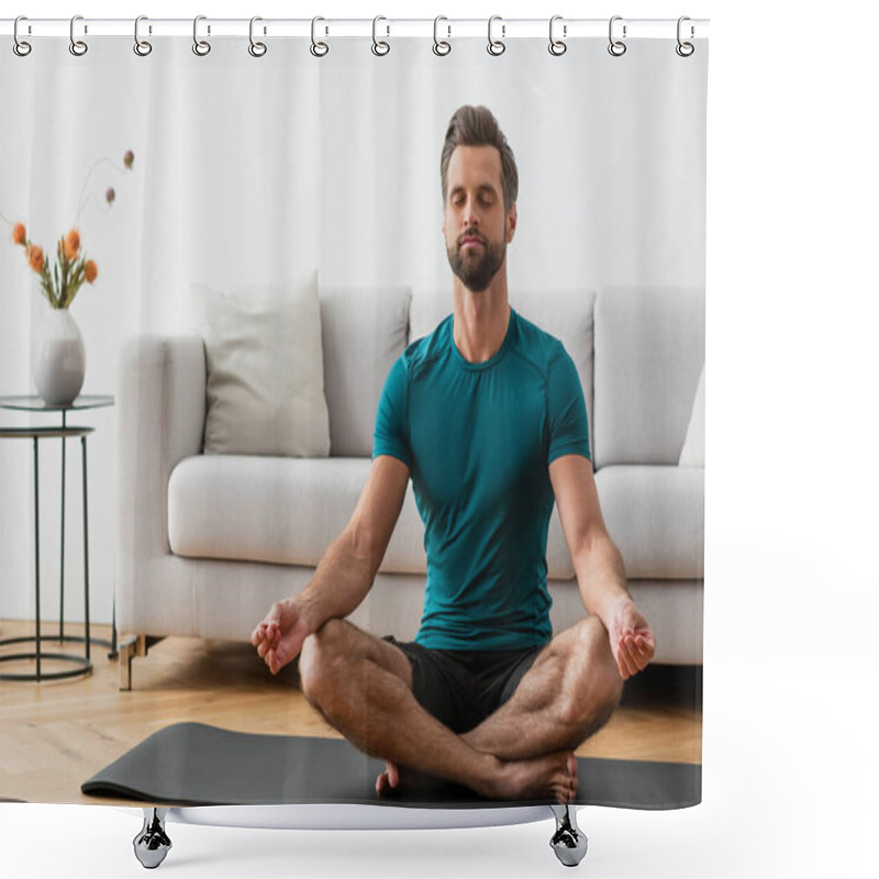 Personality  Man With Closed Eyes Meditating In Lotus Pose On Yoga Mat Shower Curtains