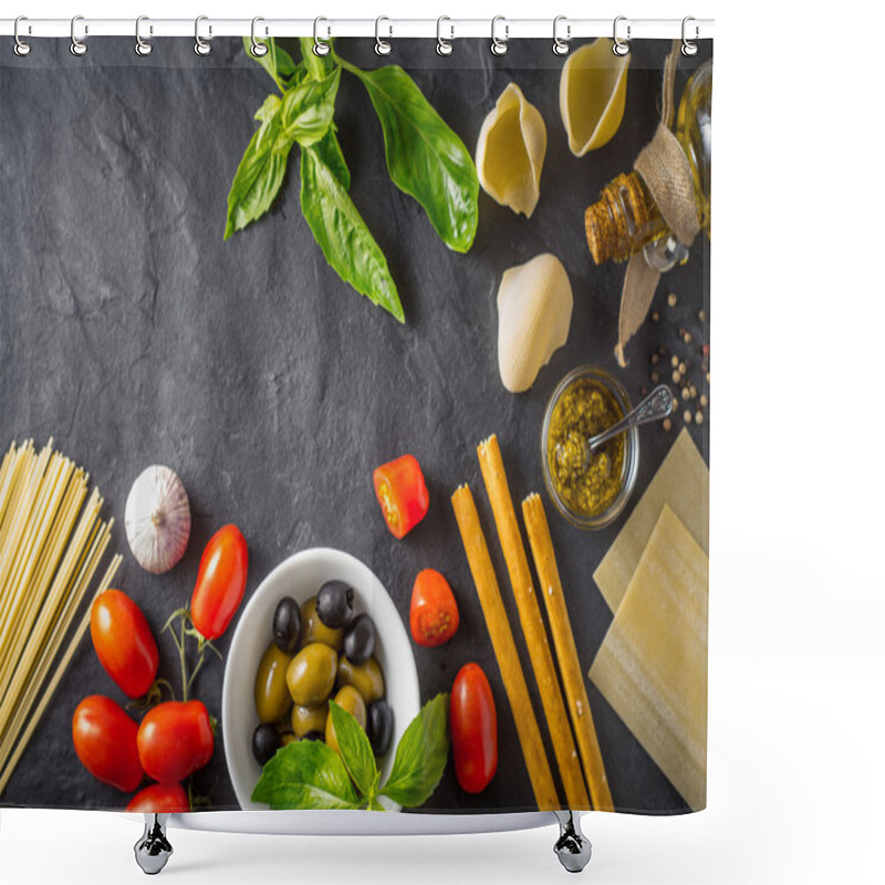 Personality  Italian Food Still Life On The Dark Table Top View Shower Curtains