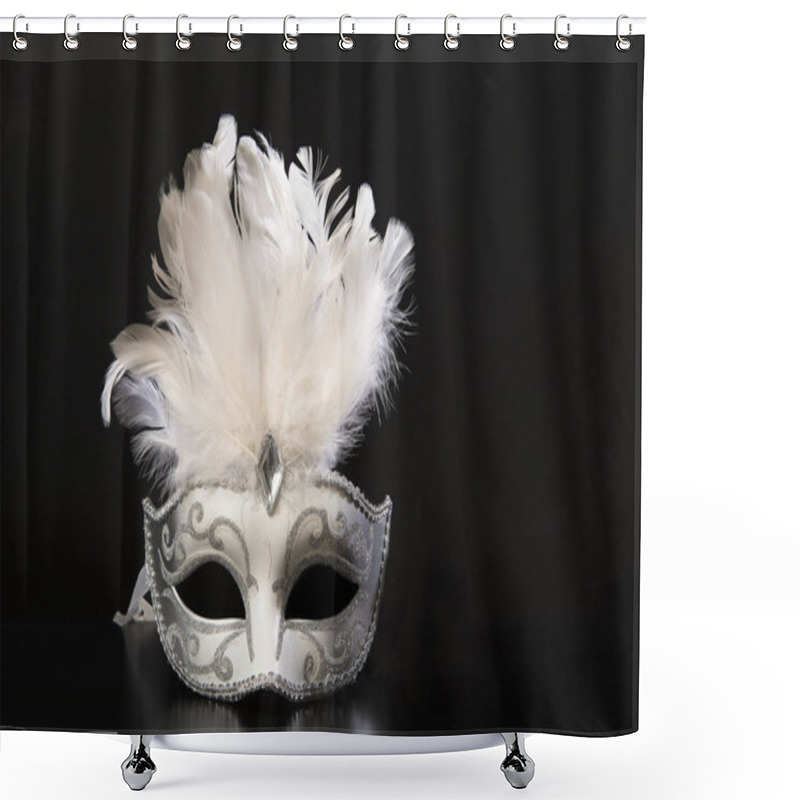 Personality  Pretty White And Silver Venetian Carnival Mask With Feathers On A Black Background Shower Curtains