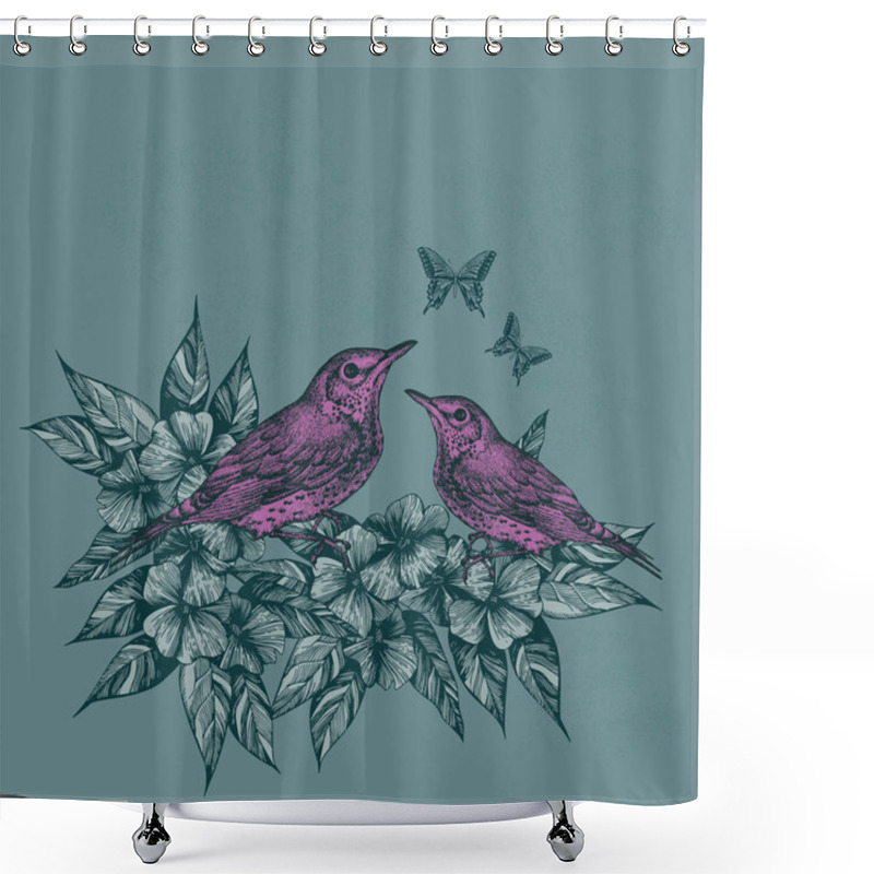 Personality  Spring Background With Two Pink Birds And Butterflies, Hand-draw Shower Curtains