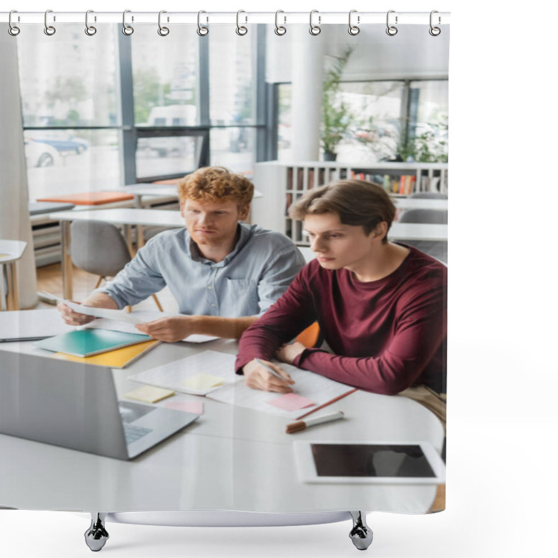 Personality  Two Young Male Students Studying Together With A Laptop At A Table. Shower Curtains