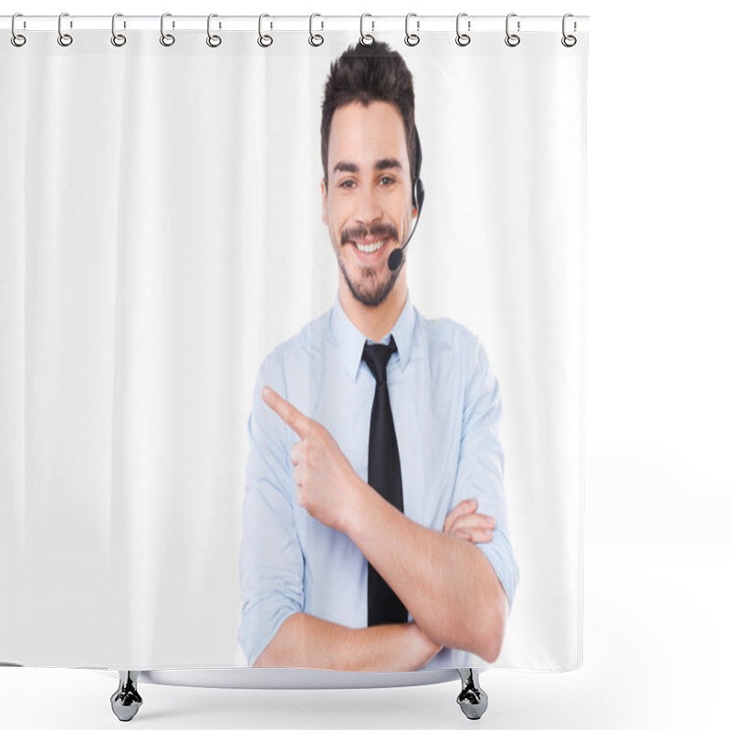 Personality  Male Operator Pointing Away Shower Curtains