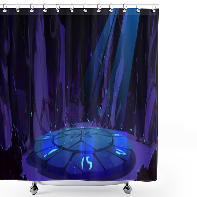 Personality  Game Background With Magic Maya Altar In Jungle. Forest Landscape With Stone Battle Arena, Trees And Moonlight At Night. Ancient Circle Platform With Glowing Symbols, Vector Cartoon Illustration Shower Curtains