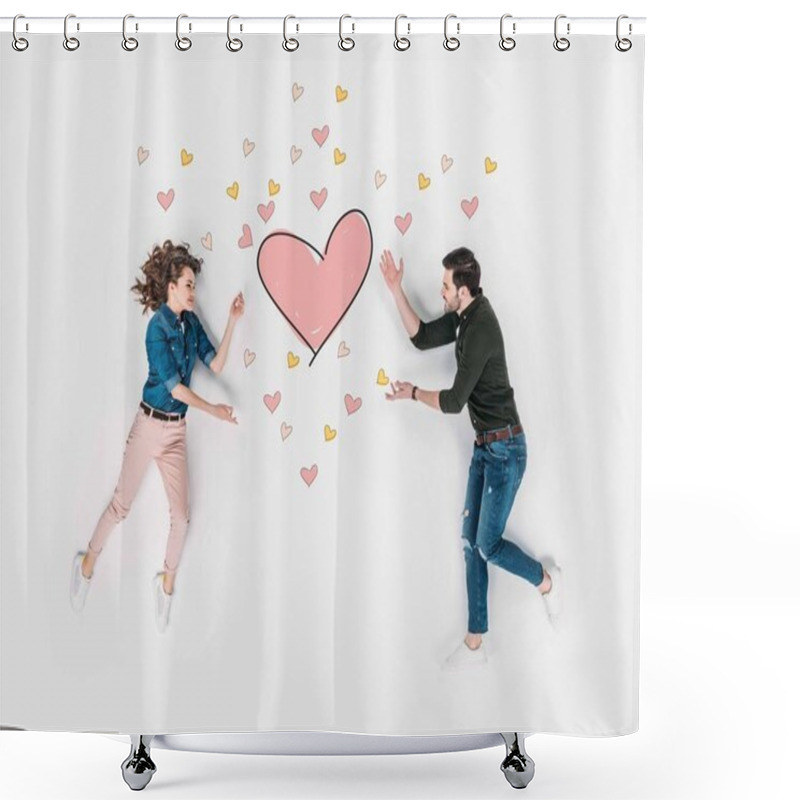 Personality  Creative Hand Drawn Collage With Couple Reaching For Heart Sign Shower Curtains