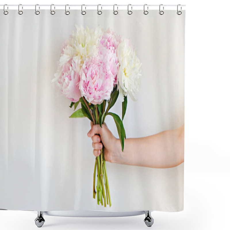 Personality  Cropped Shot Of Female Hand Holding A Bright Bouquet Of Pink Peonies W/ Lush Buds. Woman With Spring Flowers. White Backgound, Copy Space For Text. Top View, Close Up, Minimalistic Composition. Shower Curtains