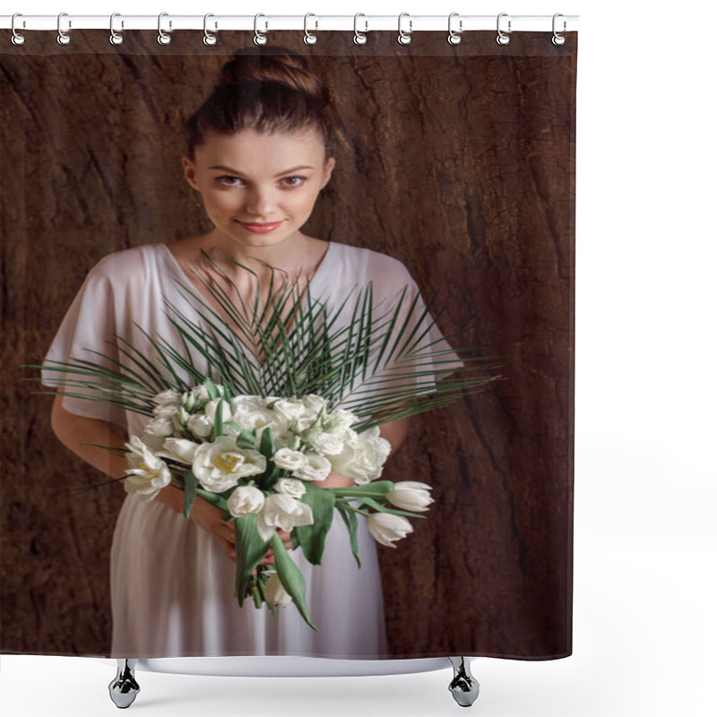 Personality  Attractive Young Woman In White Dress Posing With Wedding Bouquet Shower Curtains