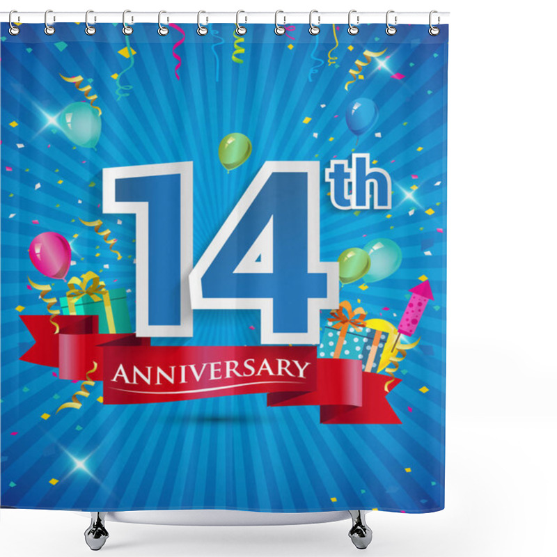 Personality  Celebrating 14 Years Anniversary Logo, With Confetti And Balloons, Red Ribbon, Colorful Vector Design Template Elements For Your Invitation Card, Flyer, Banner And Poster Shower Curtains