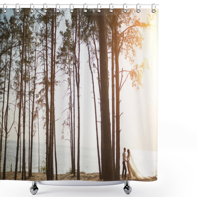 Personality  Just Married Couple Running On A Sandy Beach Shower Curtains