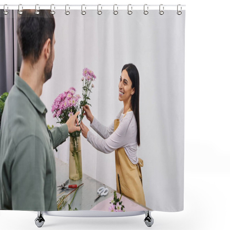 Personality  A Talented Florist Guides A Male Client In Selecting Flowers For A Vibrant Arrangement. Shower Curtains