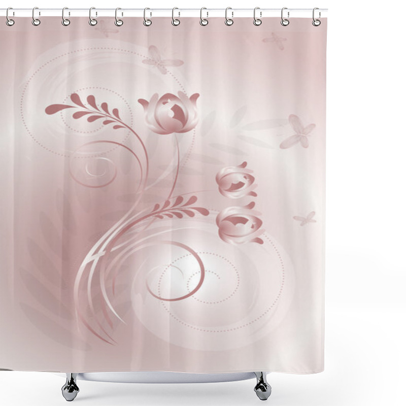 Personality  Pink Background With Swirling Lines And Butterflies Flying On Flowers Shower Curtains