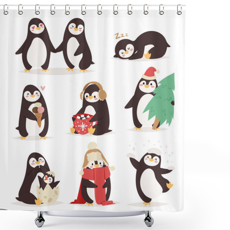 Personality  Penguin Set Vector Characters Shower Curtains