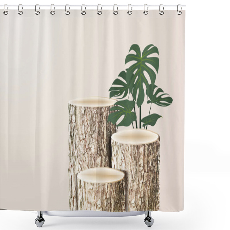 Personality  Vector Wood Podium Presentation Mock Up, Wooden Show Cosmetic Product Display Stage Pedestal Design With Nature Leaves Shower Curtains