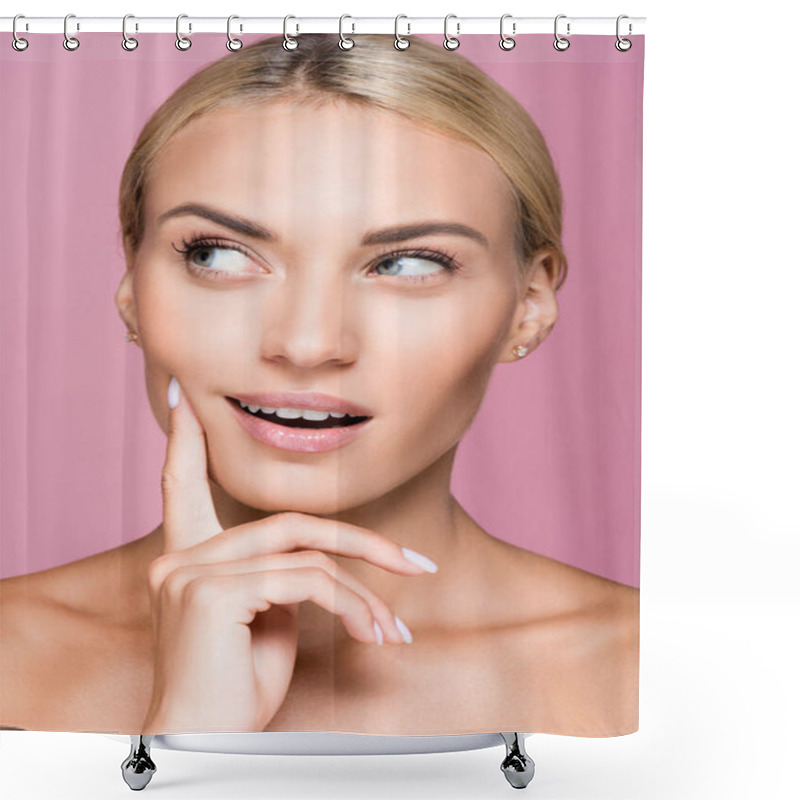 Personality  Dreamy Beautiful Blonde Woman With Perfect Skin Isolated On Pink Shower Curtains